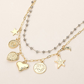 Metal Zodiac Taurus Medal Star Heart Crescent Charm Station Faceted Beads Station Layered Necklace