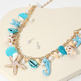 Pearl Starfish Seahorse Sea Shell Puka Shell Charm Embellished Necklace