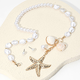 Textured Metal Starfish Sea Shell Charm Pearl Necklace