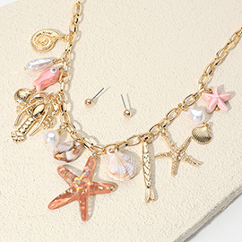 Starfish Sea Shell Puka Shell Fish Pearl Charm Embellished Necklace