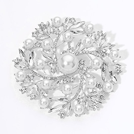 Pearl Rhinestone Embellished Flower Vine Brooch