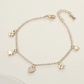 Stone Paved Heart Star Clover Charm Station Bracelet