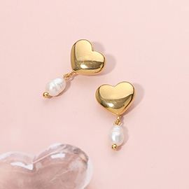 Stainless Steel Heart Pearl Dangle Earrings