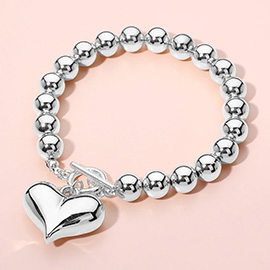 Puffy Metal Heart Charm Ball Toggle Bracelet