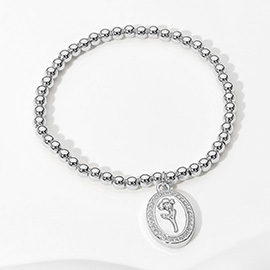 Stainless Steel Stone Paved Tulip Flower Embossed Mother of Pearl Oval Charm Beaded Stretch Bracelet