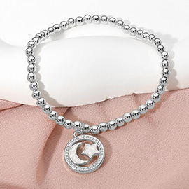 Stainless Steel Stone Paved Rim Confetti Crescent Star Pointed Round Charm Beaded Stretch Bracelet