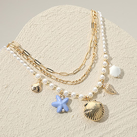 Metal Sea Shell Locket Pendant Puka Shell Ceramic Starfish Charm Station Pearl Paperclip Chain Layered Necklace