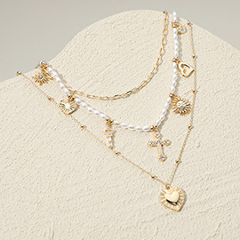 Heart Pendant Cross Sun Star Charm Station Pearl Chain Layered Necklace