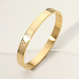 Stainless Steel Roman Numeral Embossed Hinged Bangle Bracelet