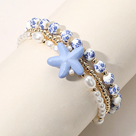 3PCS - Ceramic Starfish Charm Pearl Ceramic Metal Ball Beaded Stretch Multi Layered Bracelets