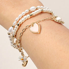 3PCS - Heart Flower Butterfly Charm Pearl Beaded Stretch Multi Layered Bracelets