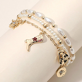 3PCS - Western Hat Boot Horseshoe Starburst Charm Pearl Beaded Stretch Multi Layered Bracelets