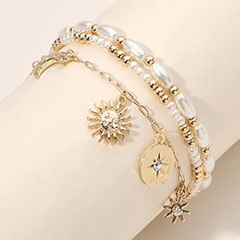 3PCS - Sun Star Crescent Charm Pearl Beaded Stretch Multi Layered Bracelets