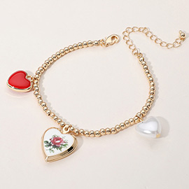 SECRET BOX_Flower Printed Ceramic Heart Locket Enamel Pearl Heart Charm Metal Ball Beaded Bracelet