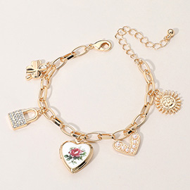 SECRET BOX_Flower Printed Ceramic Heart Locket Stone Paved Lock Pearl Paved Heart Metal Clover Sun Charm Station Bracelet