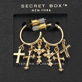 SECRET BOX_14K Gold Dipped Cross Charm Dangle Hoop Earrings