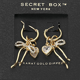 SECRET BOX_14K Gold Dipped Heart Stone Bow Charm Pin Catch Hoop Earrings