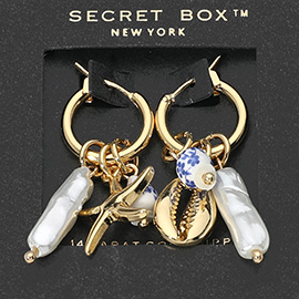 SECRET BOX_14K Gold Dipped Pearl Starfish Puka Shell Ceramic Ball Dangle Pin Catch Hoop Earrings