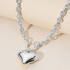 Metal Chunky Chain Puffy Heart Pendant Toggle Necklace