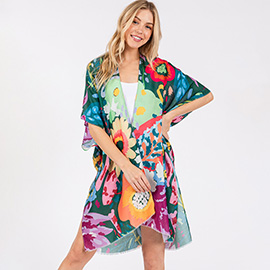 Multi Color Flower Print Kimono Poncho