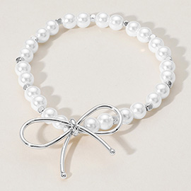 Metal Wire Bow Pearl Beaded Stretch Bracelet