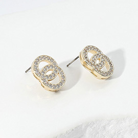 14K Gold Plated CZ Stone Paved Double Ring Stud Earrings