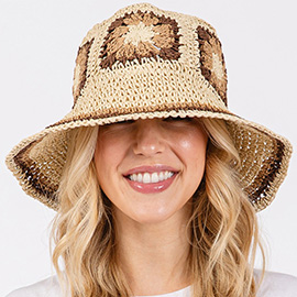 Floral Crochet Straw Bucket Hat