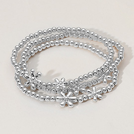 3PCS - Metal Flower Ball Beaded Stretch Multi Layered Bracelets