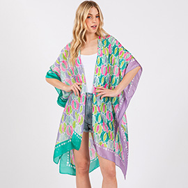 Two Tone Trim Abstract Print Silky Feel Kimono Poncho