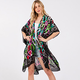 Multi Colored Heart Print Silky Feel Kimono Poncho