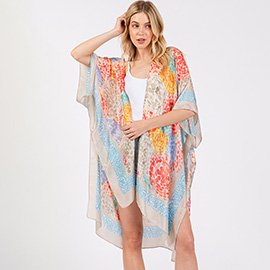 Abstract Print Silky Feel Kimono Poncho