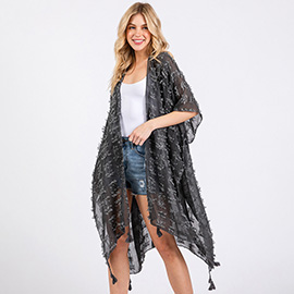 Distressed Pattern Tassel Kimono Poncho