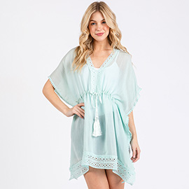 Crochet Trim Front Drawstring Cover Up Poncho