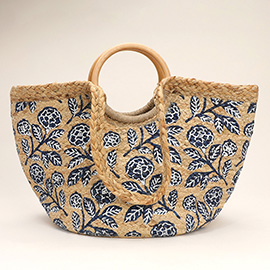 Flower Stem Printed Wooden Round Top Handle Jute Tote Bag