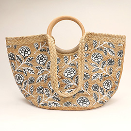 Flower Stem Printed Wooden Round Top Handle Jute Tote Bag