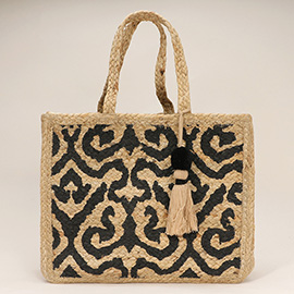 Geometric Pattern Printed Tassel Jute Tote Bag