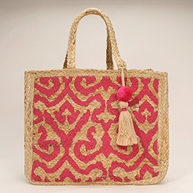 Geometric Pattern Printed Tassel Jute Tote Bag