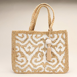 Geometric Pattern Printed Tassel Jute Tote Bag