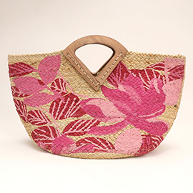 Flower Leaves Pattern Printed Wooden Handle Jute Tote Bag