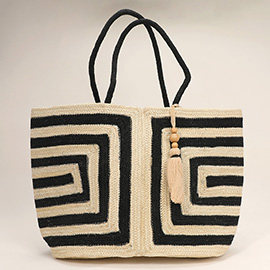 Geometric Patterned Tassel Jute Tote Bag