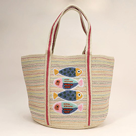 Seed Beaded Triple Fish Pointed Multi Color Threaded Jute Tote Bag