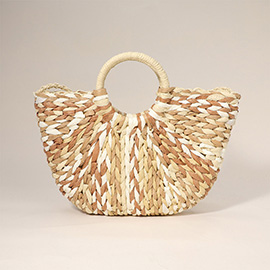 Multi Color Weave Round Handle Straw Handbag