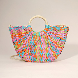 Multi Color Weave Round Handle Handwoven Natural Straw Handbag