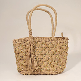 Woven Tassel Top Handle Straw Tote Bag