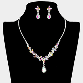 Teardrop Stone Pointed Marquise Round Stone Cluster Rhinestone Paved Necklace