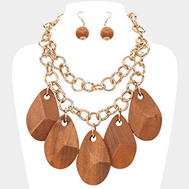 Oversized Wooden Teardrop Charm Chunky Double Layered Statement Necklace