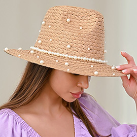 Pearl Embellished Straw Sun Fedora Hat