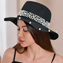 Pearl Embellished Fedora Sun Hat