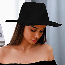 Wide Brim Woven Frayed Fedora Sun Hat