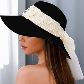 Pearl Embellished Wide Brim Sheer Bow Sun Hat